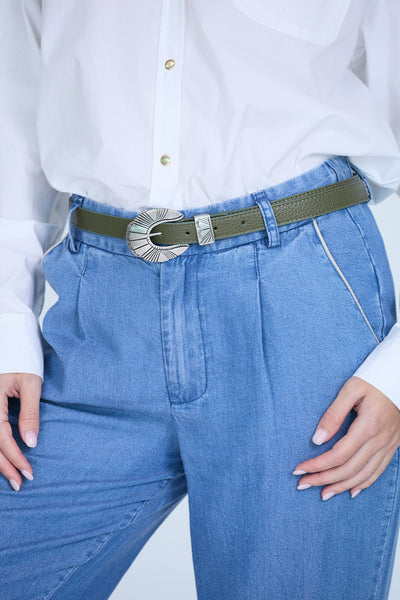 Ornella Leather Belt - Kaki Olive