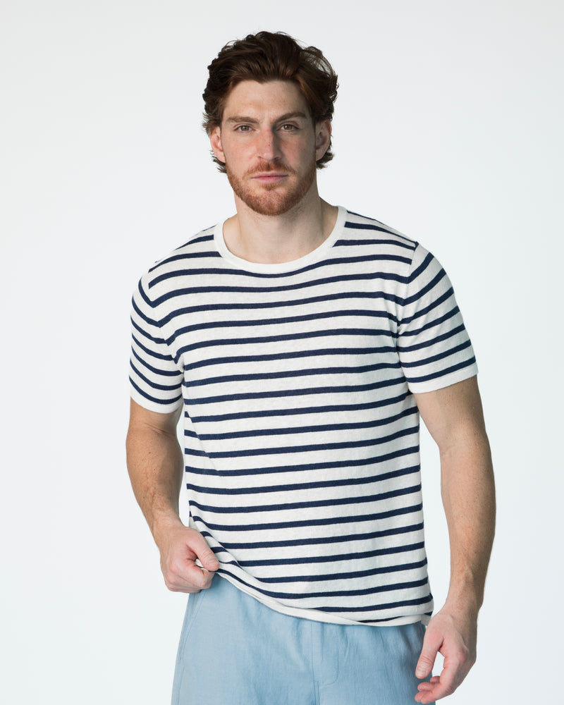Marcel T-shirt (Round Neck) - White/Blue Stripes