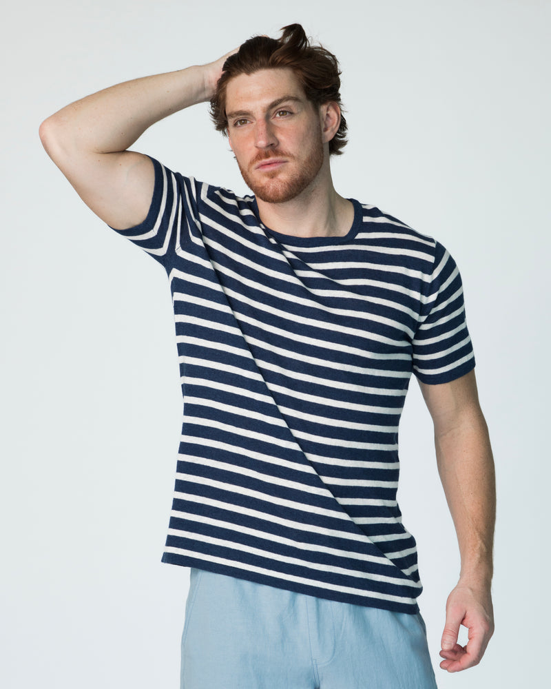 Marcel T-shirt (Round Neck) - Navy/White Stripes