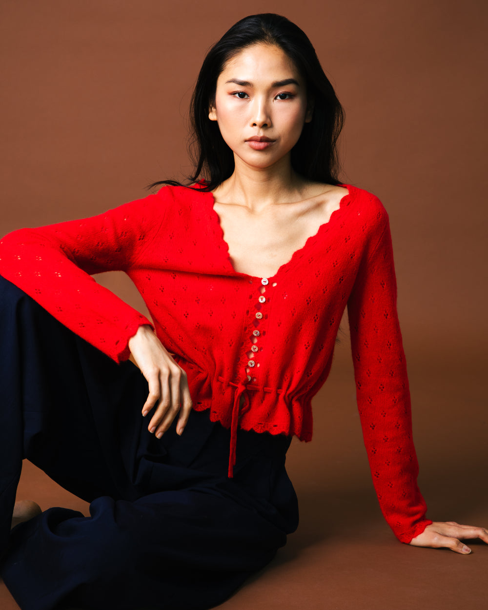 Ella Pointelle Top - Oriental Red