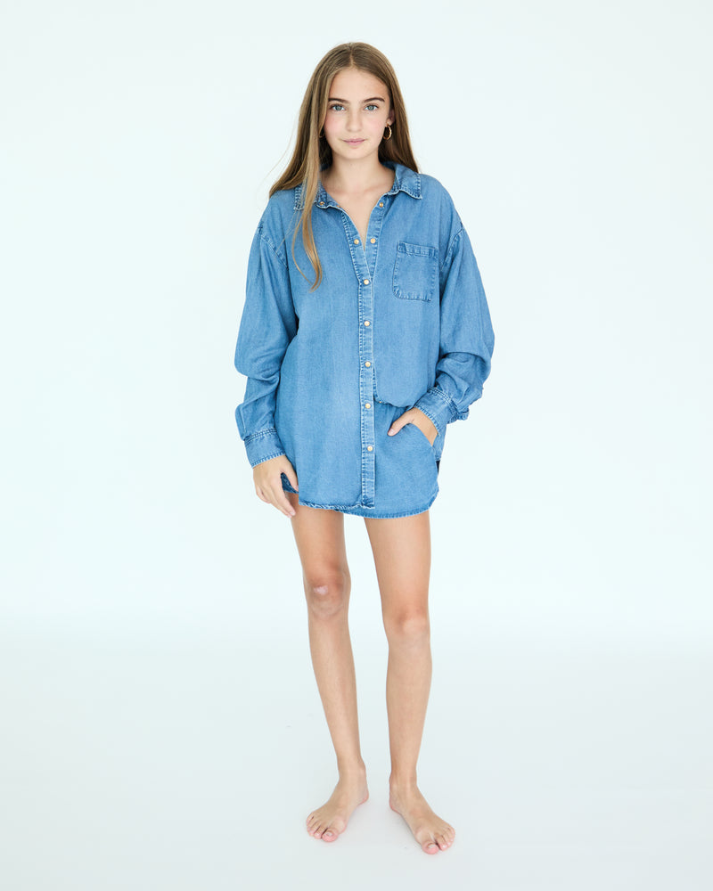 Girl Jules Oversize Shirt - Medium Blue Chambray