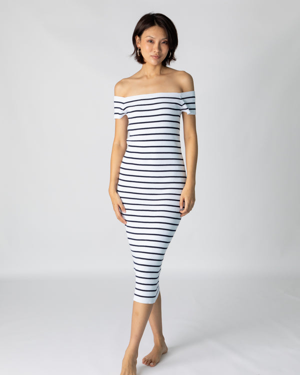 La Bretagne Long Dress - White & Navy Stripes