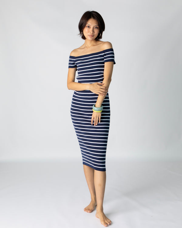 La Bretagne Long Dress - Navy & White Stripes