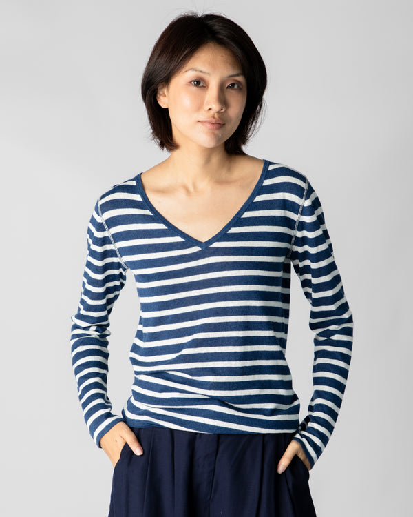 Marcelle Long T-Shirt (V-Neck) - Indigo Denim / White Stripes