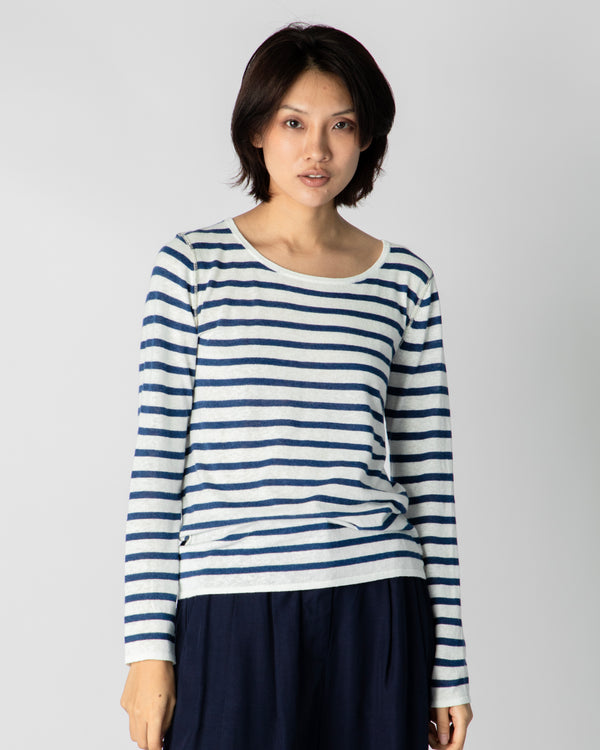 Marcelle Long T-Shirt (Round) - White / Indigo Denim Stripes