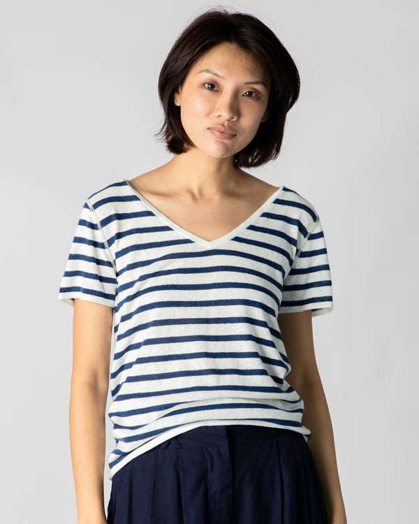 Marcelle T-Shirt (V-Neck) - White / Indigo Denim Stripes