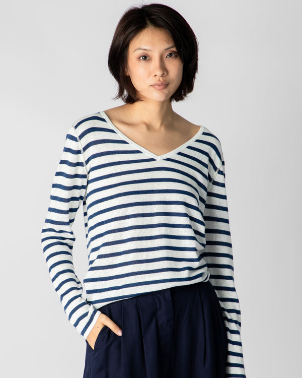 Marcelle Long T-Shirt (V-Neck) - White / Indigo Denim Stripes