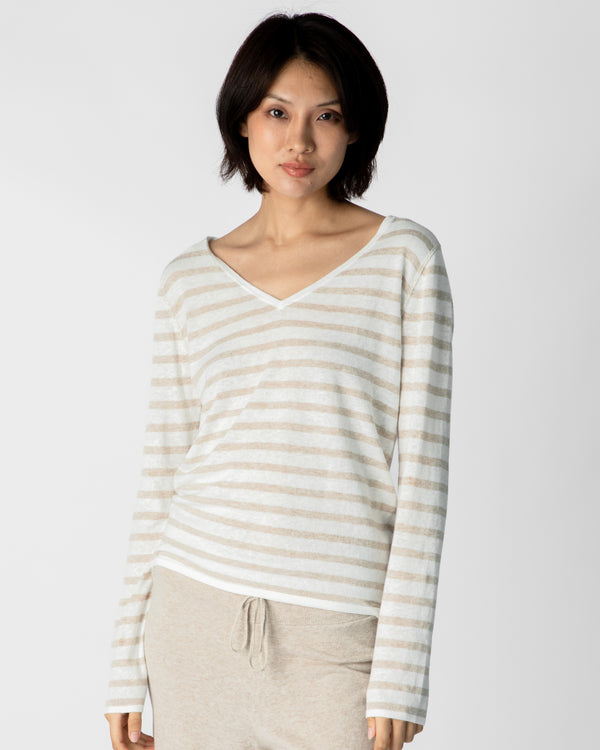 Marcelle Long T-Shirt (V-Neck) - White / Hay Day Stripes