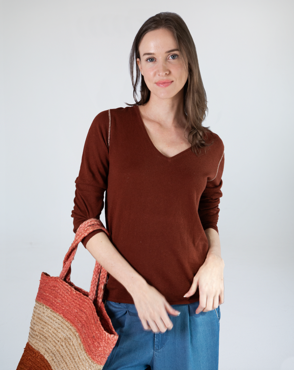 Marcelle Long T-Shirt (V-Neck) - Sierra Brown