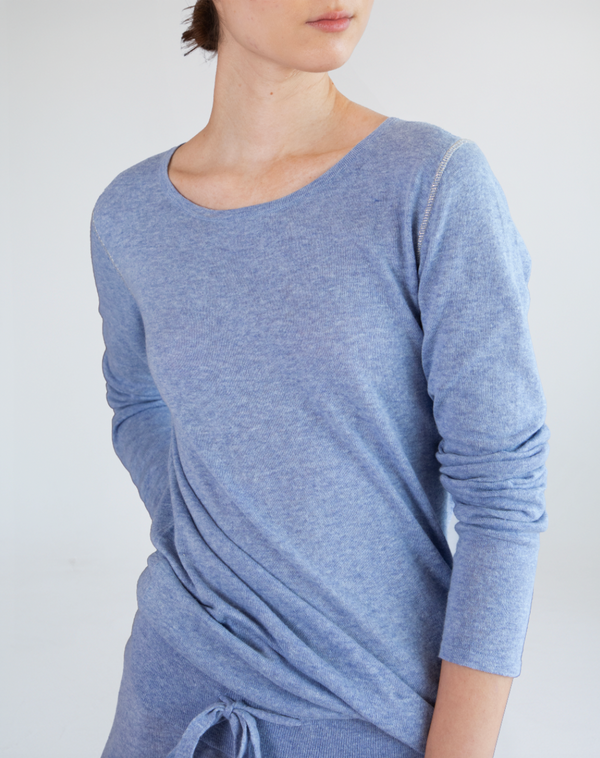 Marcelle Long T-Shirt (Round Neck) - Gingham Blue