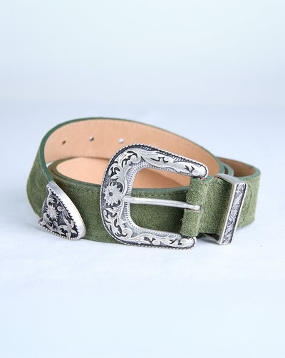 Western Suede Belt - Kaki Olive